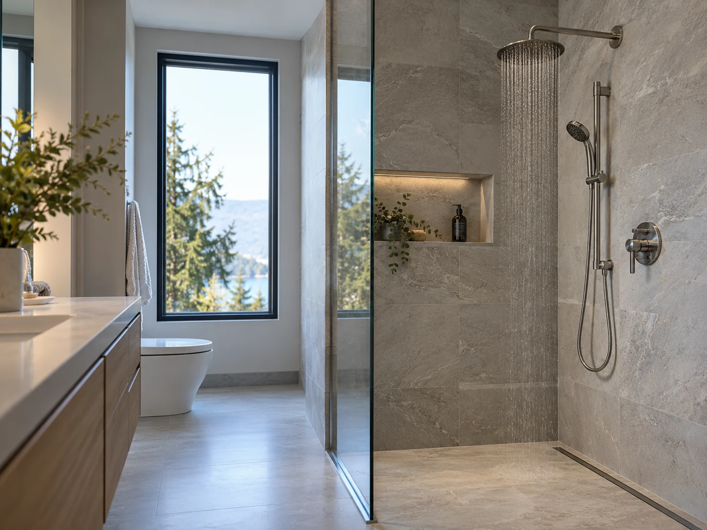 Illustrative modern bathroom with chrome shower fittings