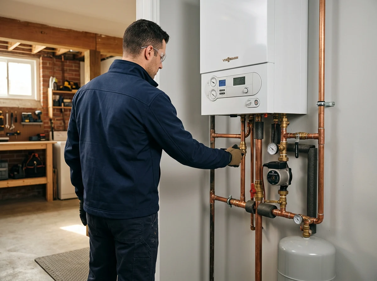 Illustrative heating technician inspecting a boiler and copper pipework